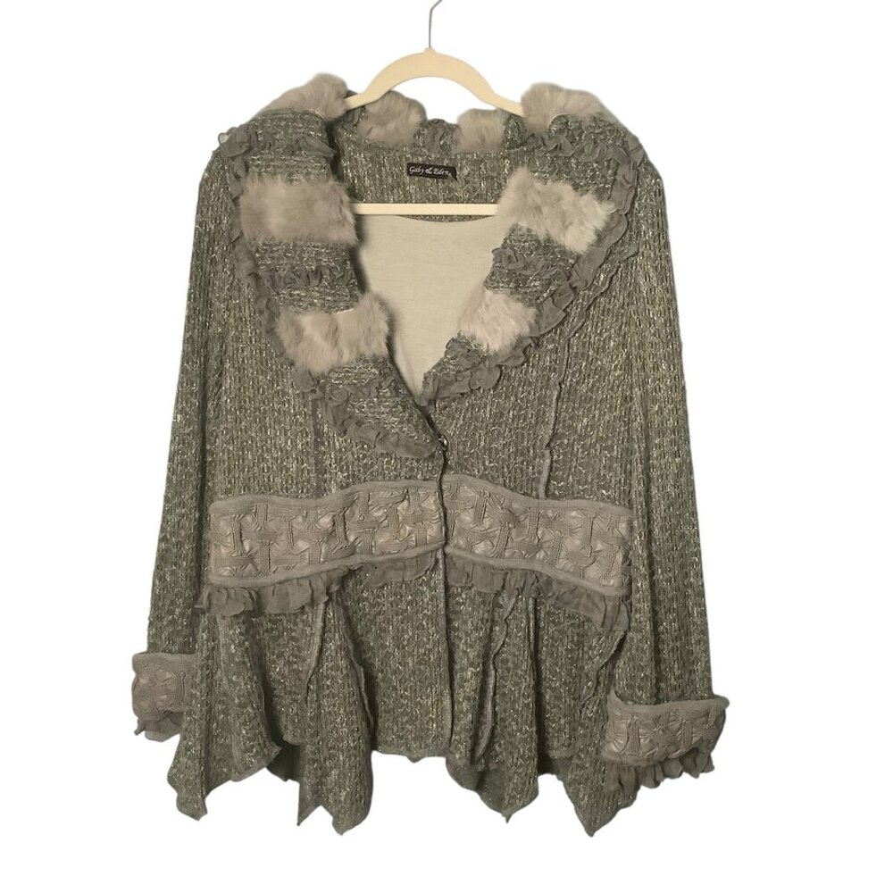 Gaby &‎ Eden Textured Sweater Cardigan Jacket Women XL Faux Fur Trim Wool Blend